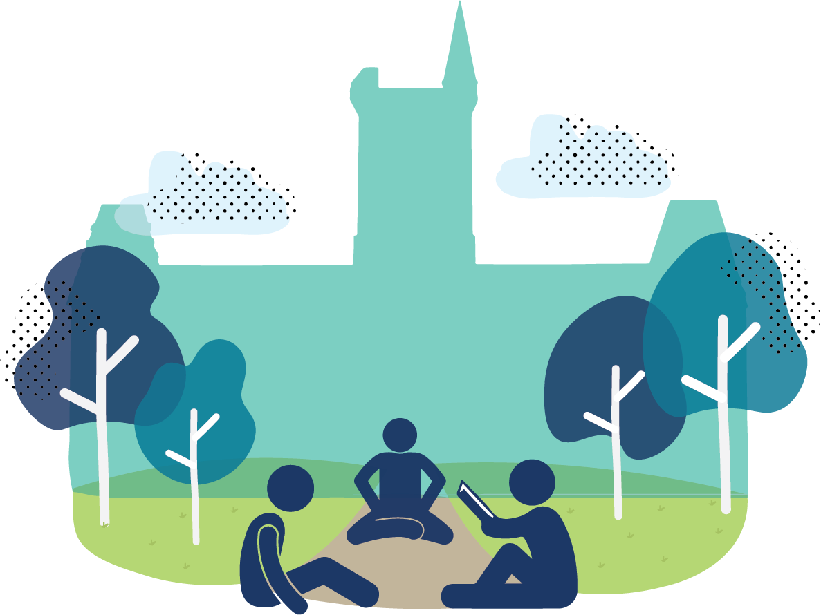 A graphic of three people sitting in Kings College Circle on a blanket