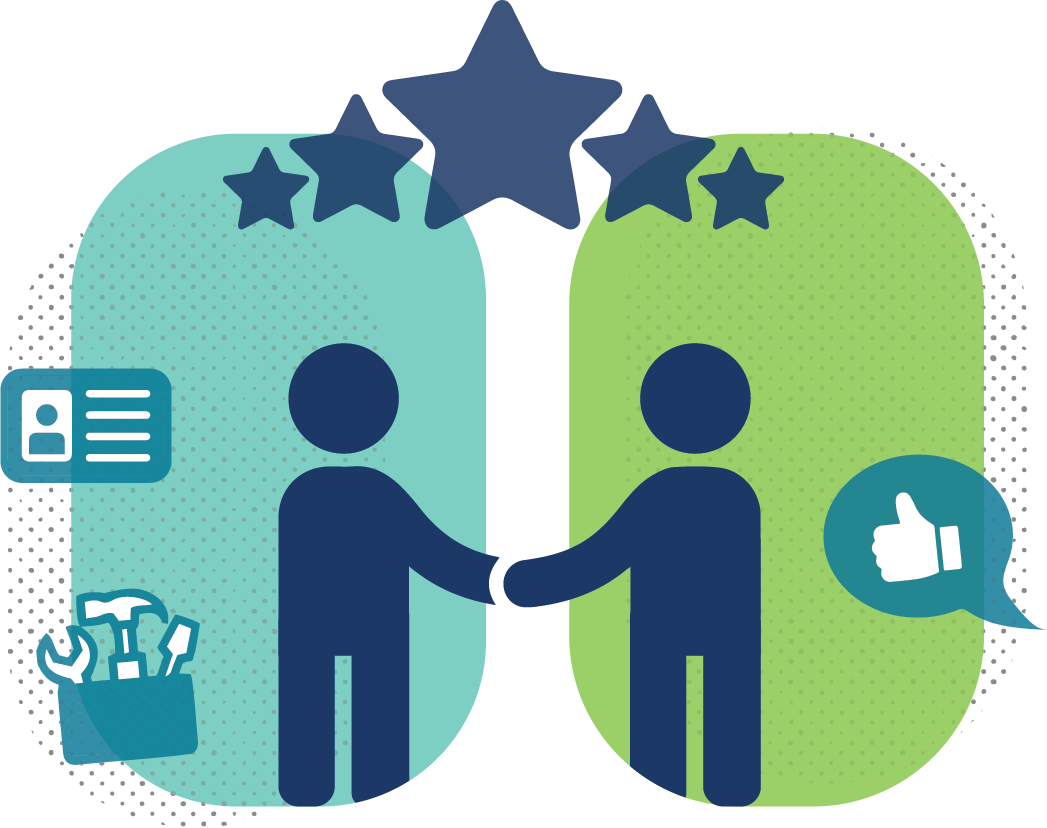 A graphic with two figures shaking hands. Above them stars. To the left, a tool box and an ID badge, to the right, a thumbs-up emoji.