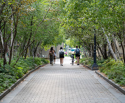 People walking and walking with bikes on campus.