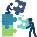 Asset 3 A graphic of two figures passing puzzle pieces to each-other.