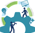 Asset 5 A graphic with two figures standing above and below a large gear. Above them float a lightbulb, a computer monitor, and some stars.